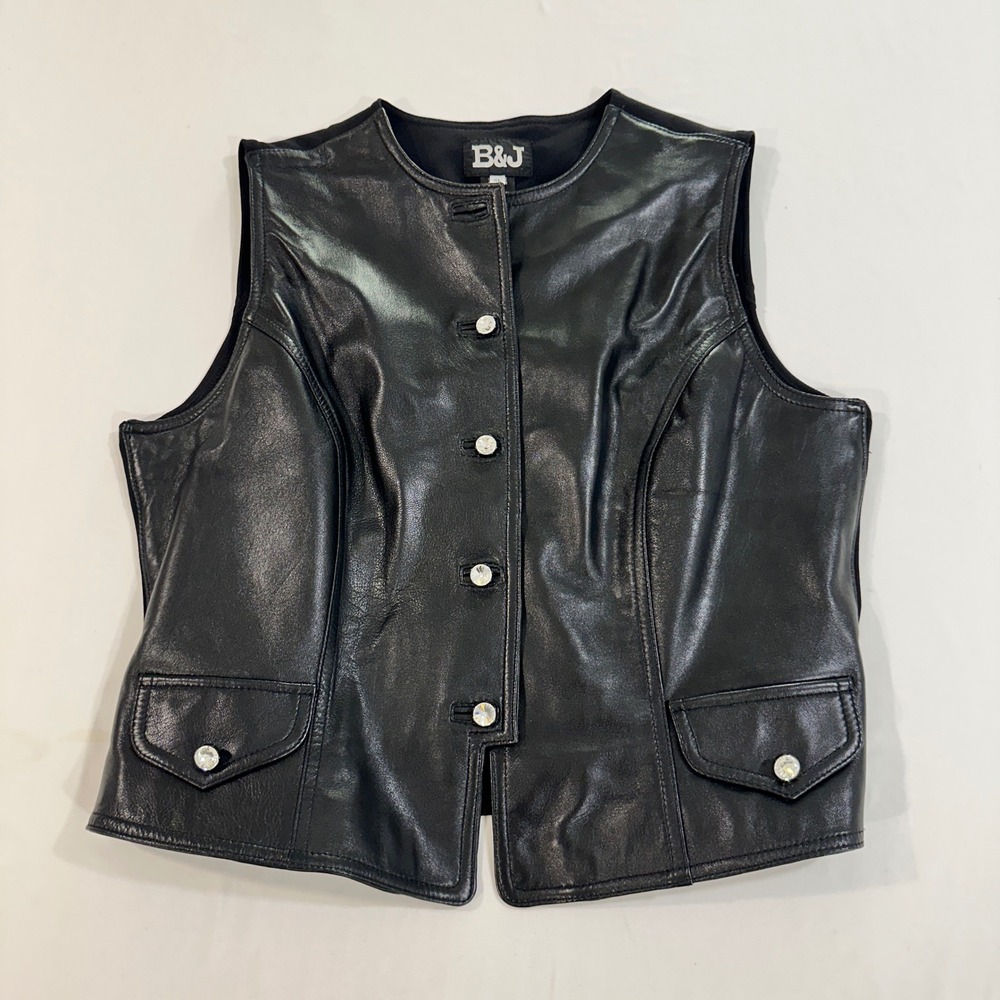 B&J Genuine Leather Vest Women XL Black Rhinestone Button Front Mixed Media Moto